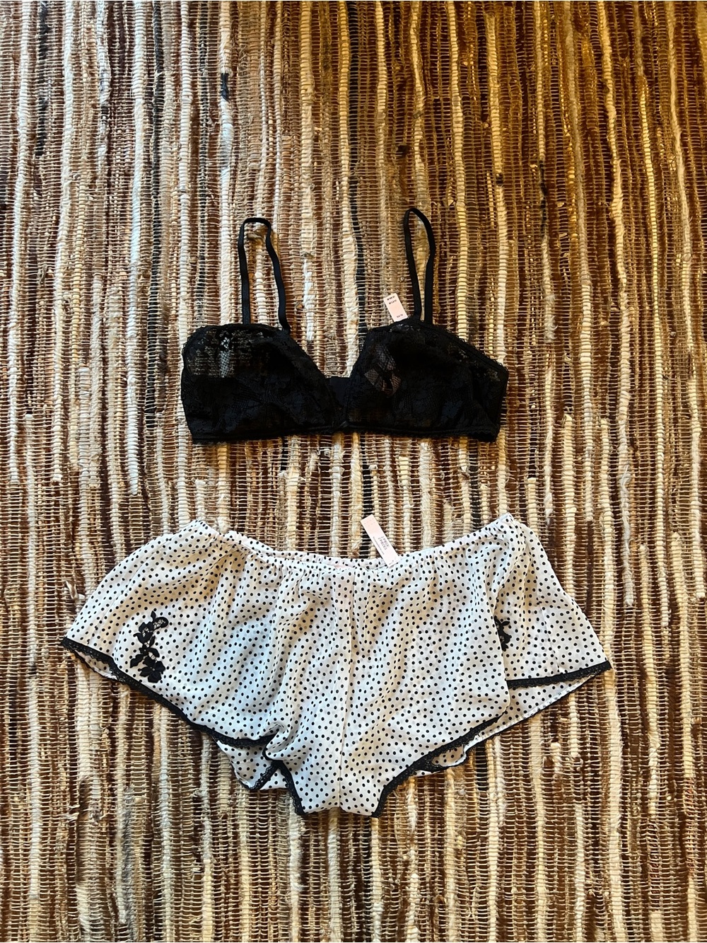 Victoria's Secret Black Lace Bralette with White Polka Dot Sleep Shorts NWT